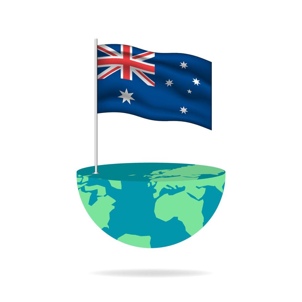 Australia flag pole on globe. Flag waving around the world. Easy editing and vector in groups. National flag vector illustration on white background.