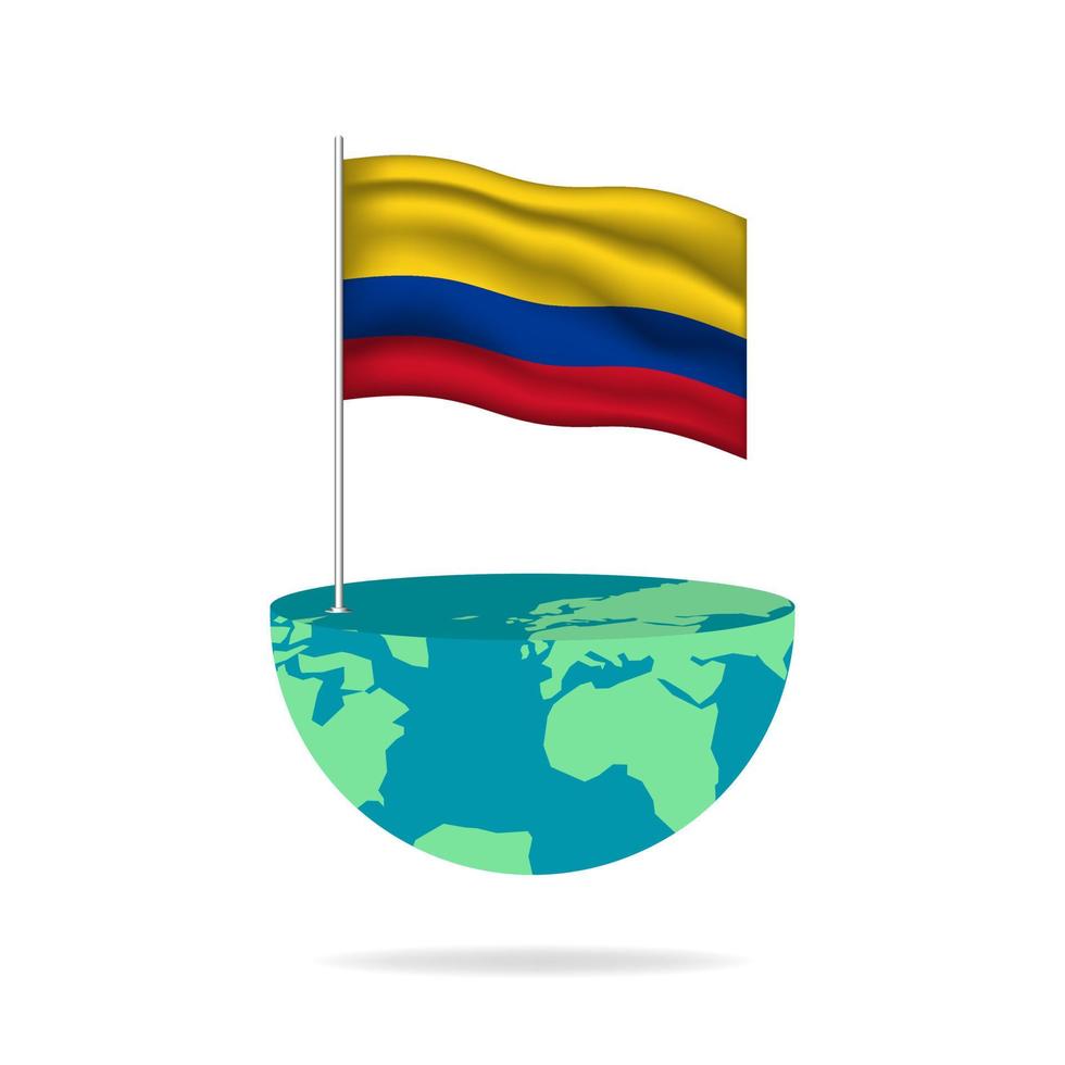 Colombia flag pole on globe. Flag waving around the world. Easy editing and vector in groups. National flag vector illustration on white background.