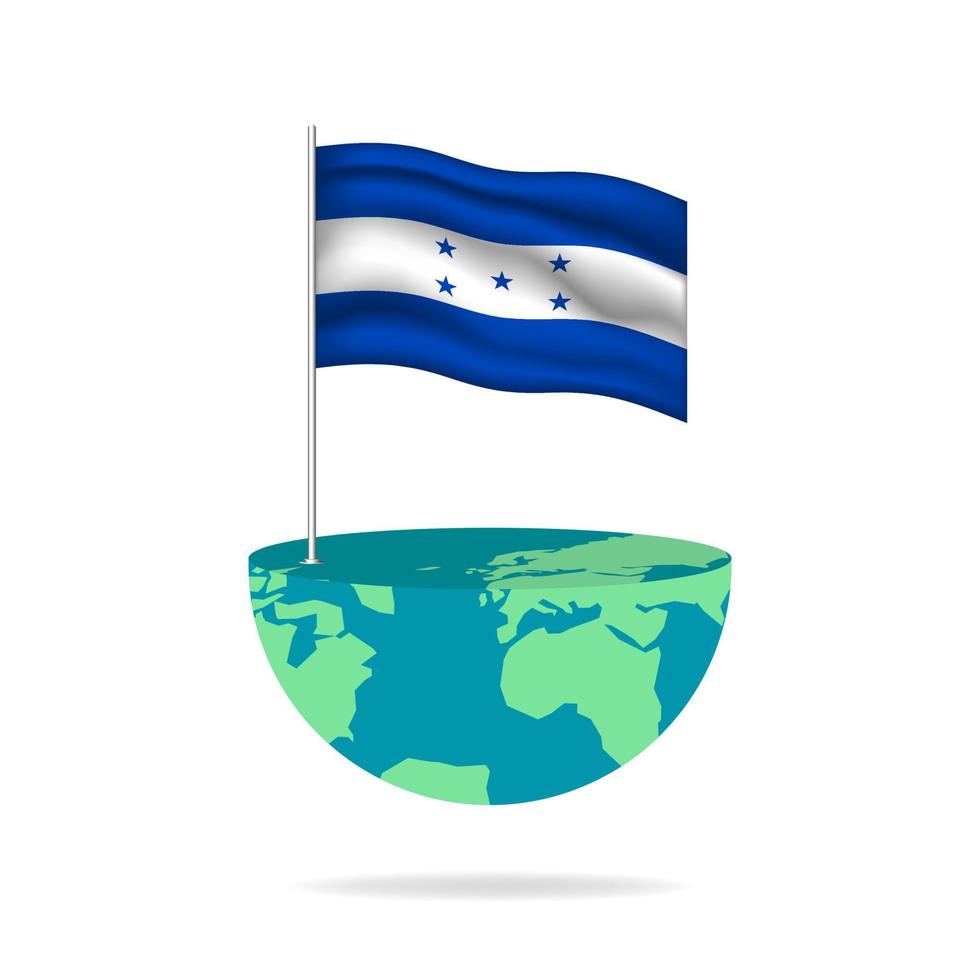 Honduras flag pole on globe. Flag waving around the world. Easy editing and vector in groups. National flag vector illustration on white background.