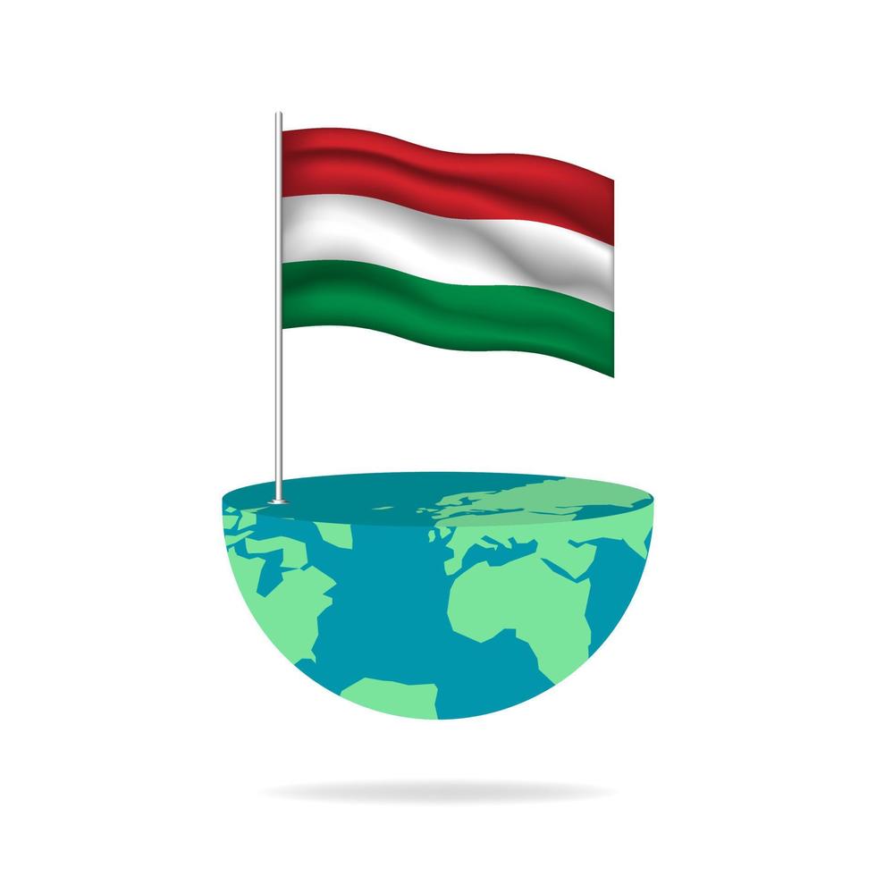 Hungary flag pole on globe. Flag waving around the world. Easy editing and vector in groups. National flag vector illustration on white background.