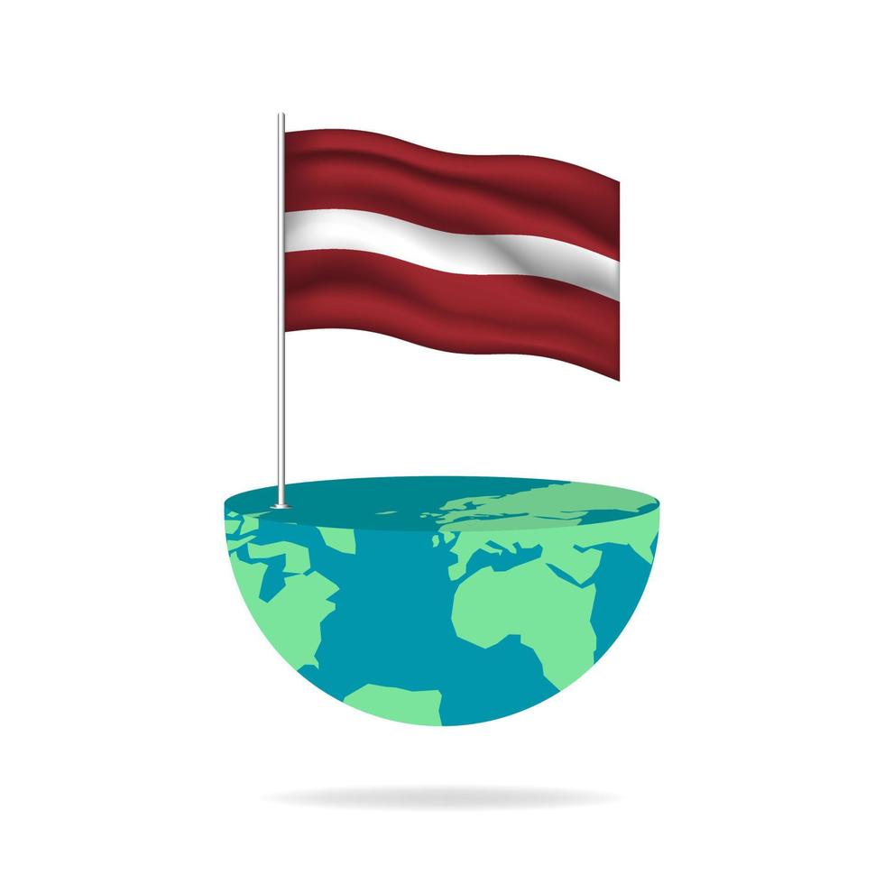 Latvia flag pole on globe. Flag waving around the world. Easy editing and vector in groups. National flag vector illustration on white background.