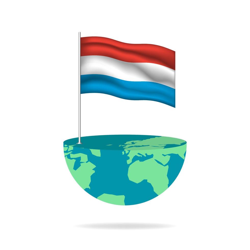 Luxembourg flag pole on globe. Flag waving around the world. Easy editing and vector in groups. National flag vector illustration on white background.
