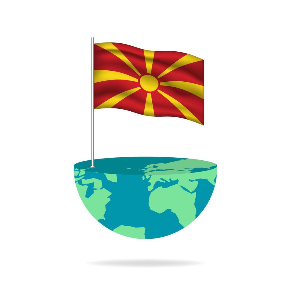 Macedonia flag pole on globe. Flag waving around the world. Easy editing and vector in groups. National flag vector illustration on white background.
