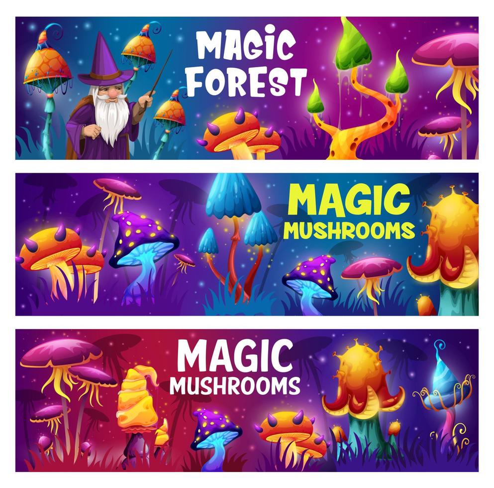 Magic mushrooms and wizard in fantasy alien forest vector