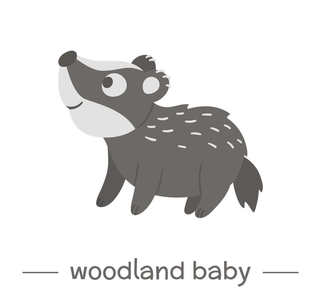 Vector hand drawn flat baby badger. Funny woodland animal icon. Cute forest animalistic illustration for children design, print, stationery