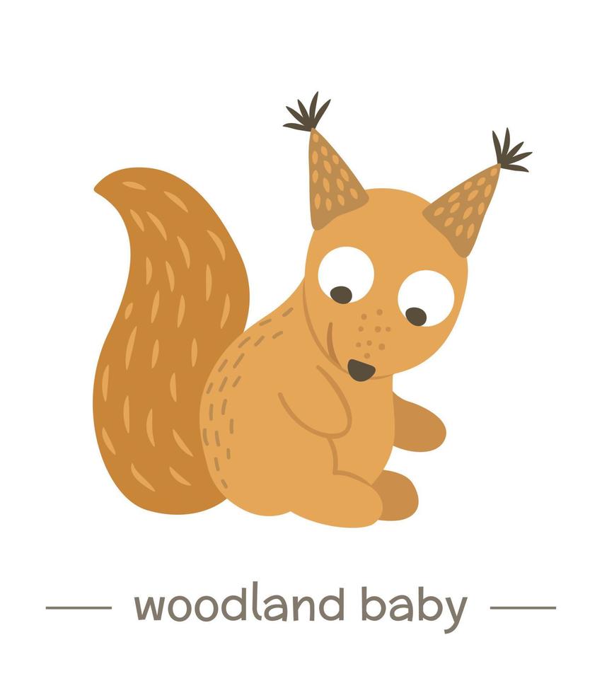 Vector hand drawn flat baby squirrel. Funny woodland animal icon. Cute forest animalistic illustration for children design, print, stationery