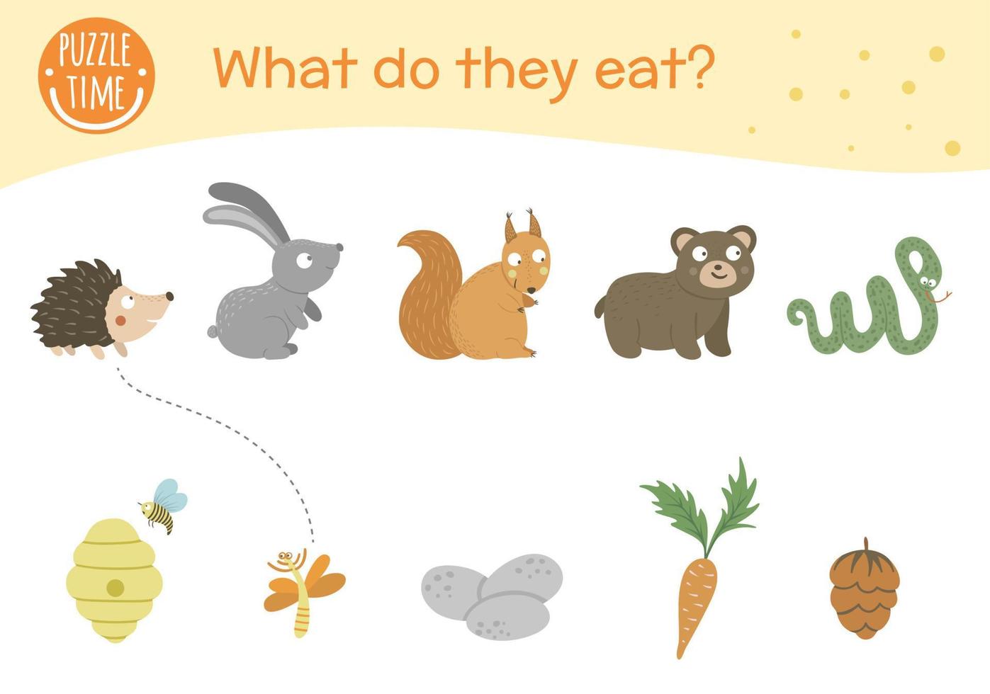 What do they eat. Matching activity for children with animals and food they eat. Funny woodland game for kids. Logical quiz worksheet. vector