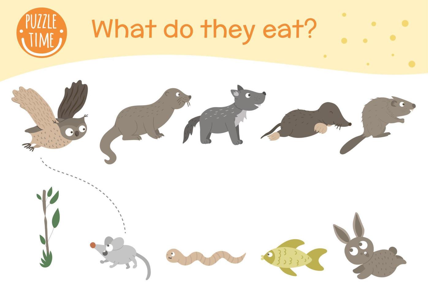 What do they eat. Matching activity for children with animals and food they eat. Funny woodland game for kids. Logical quiz worksheet. vector