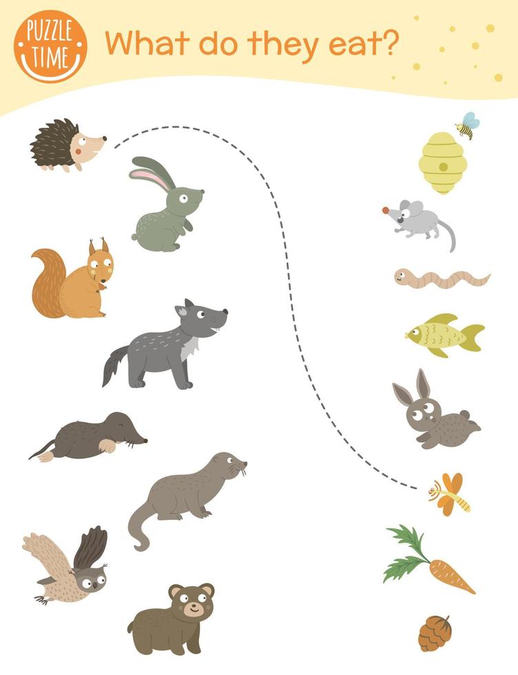 What do they eat. Matching activity for children with animals and food they eat. Funny woodland game for kids. Logical quiz worksheet. vector