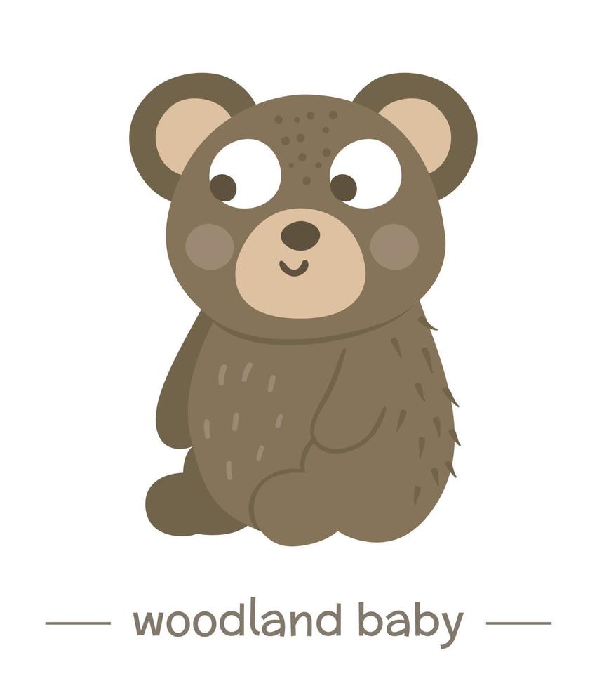 Vector hand drawn flat baby bear. Funny woodland animal icon. Cute forest animalistic illustration for children design, print, stationery