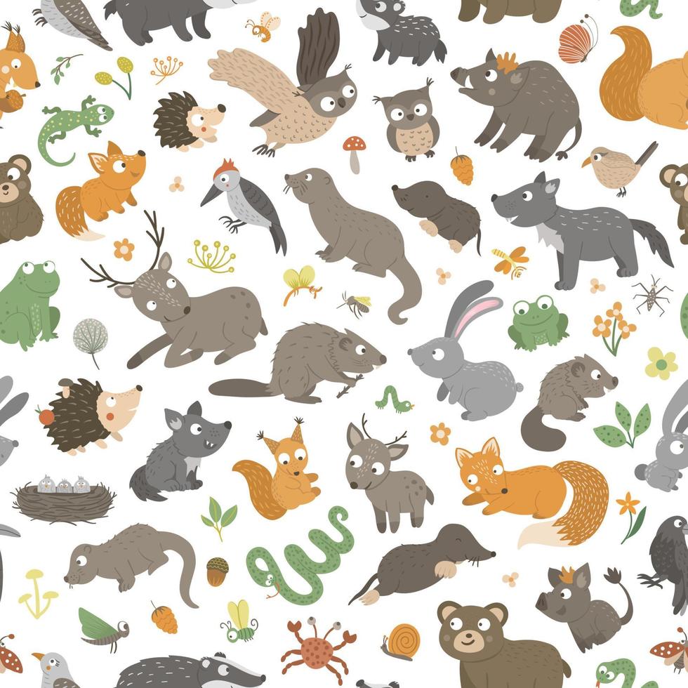 Vector seamless pattern with hand drawn flat funny little baby animals. Cute repeat background with forest creatures. Sweet woodland ornament for children design, print.