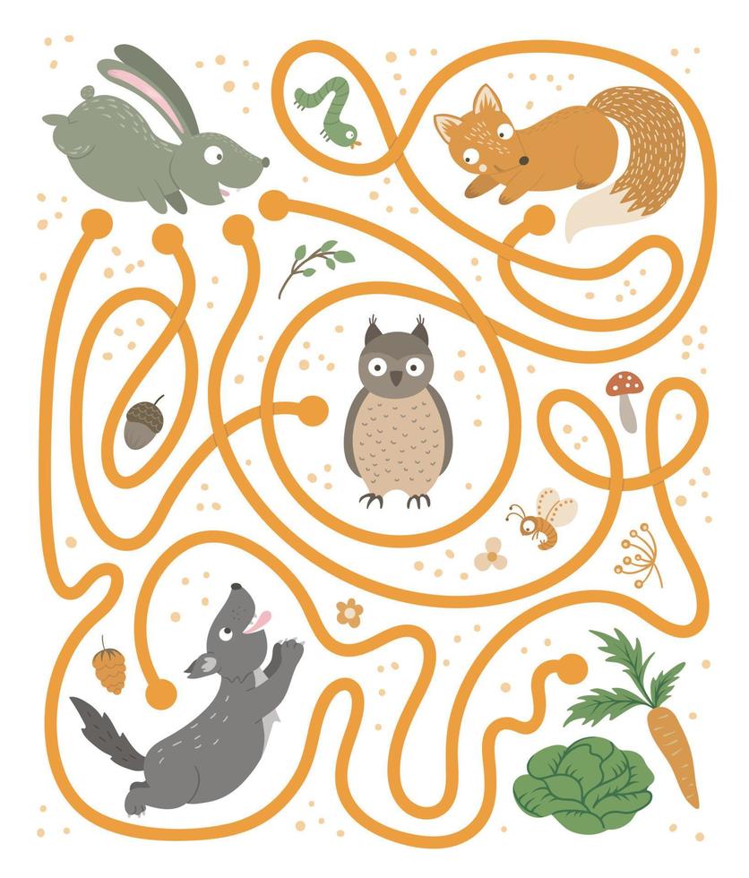 Maze for children. Preschool activity with rabbit running for carrot and cabbage. Puzzle game with animals. Cute funny smiling characters. vector