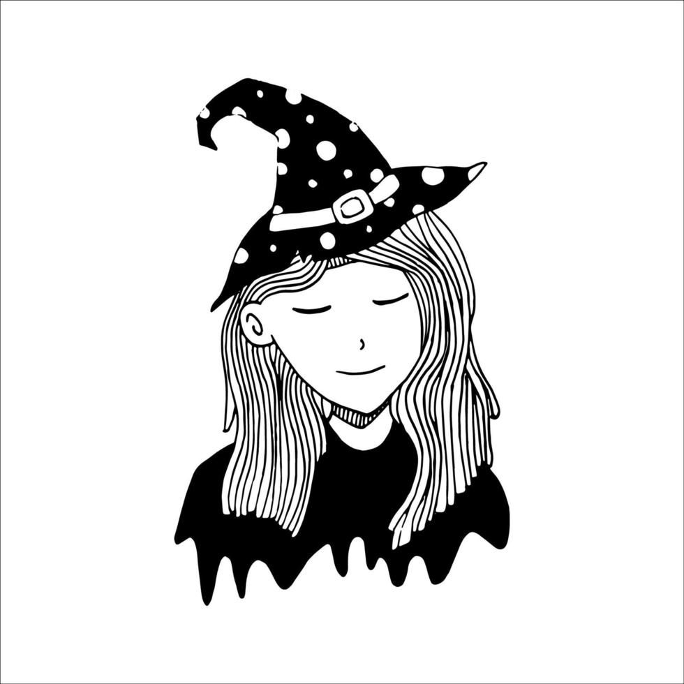 Hand drawn doodle witch. Vector smiling witch girl with hat. Cute girl. Outline.