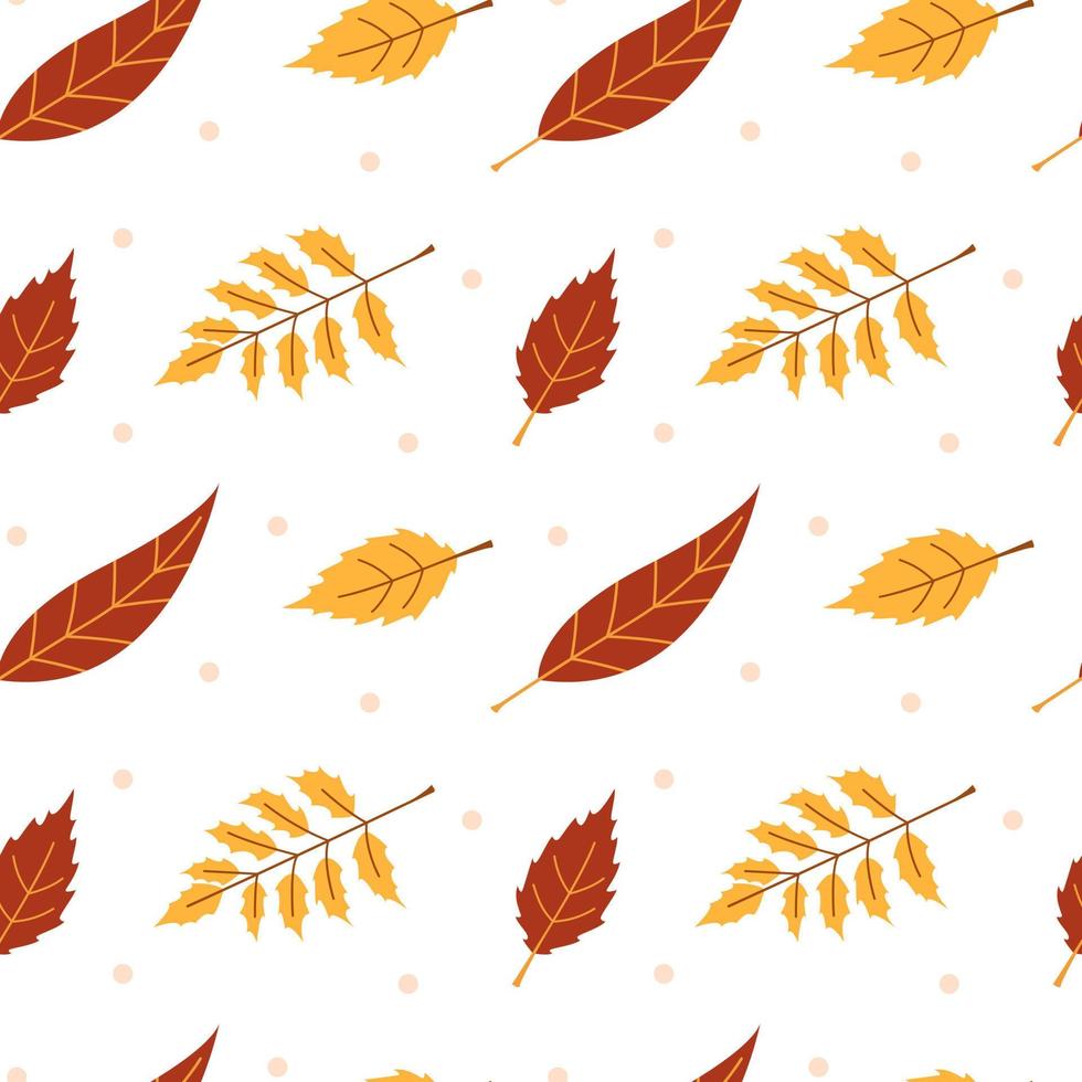 Vector seamelss autumn pattern with red and yellow leaves. Cute aumumn leaves. Fall background.