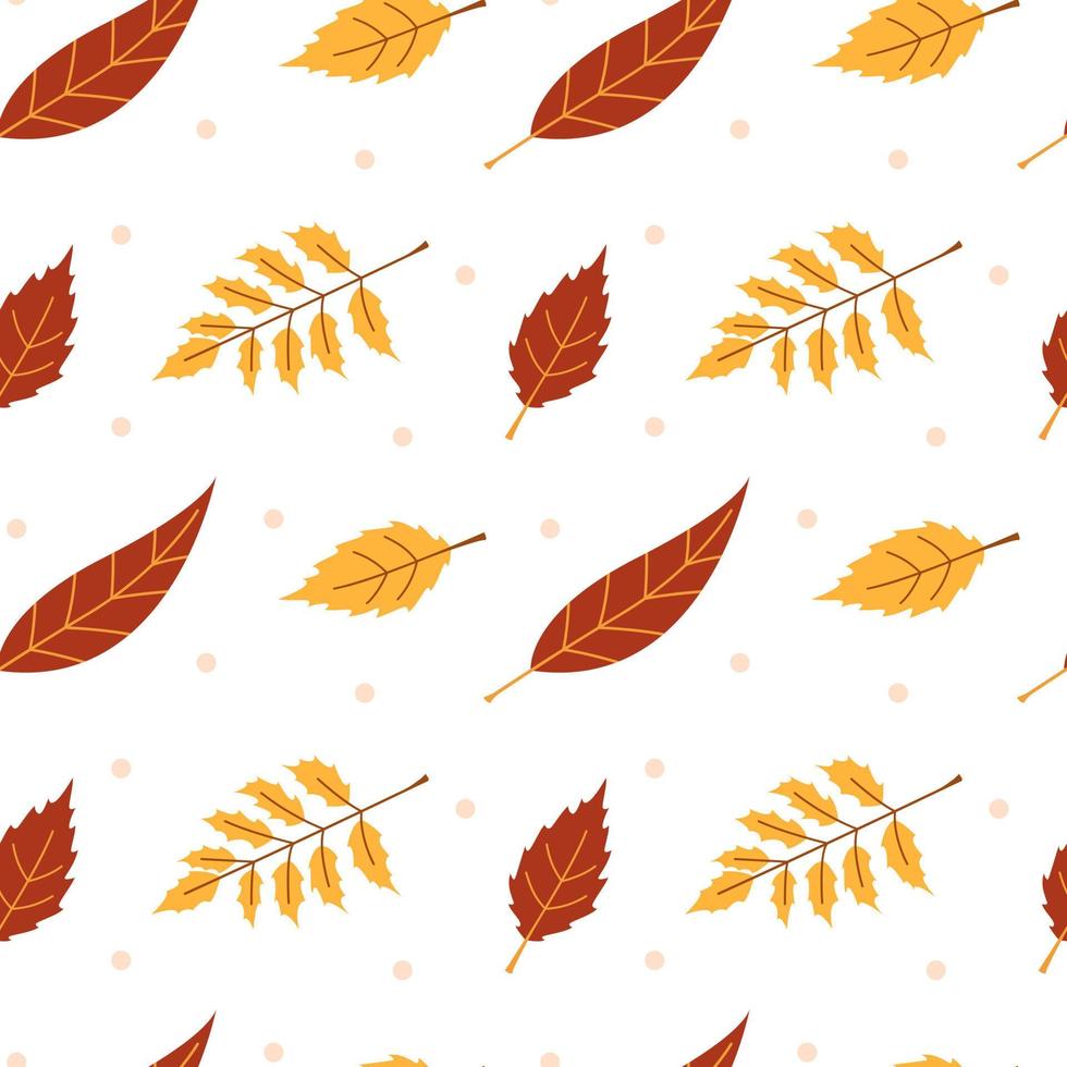 Vector seamelss autumn pattern with red and yellow leaves. Cute aumumn leaves. Fall background.