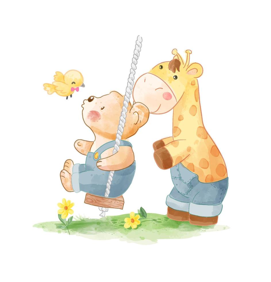 Cute bear and giraffe playing swing in the garden cartoon illustration vector