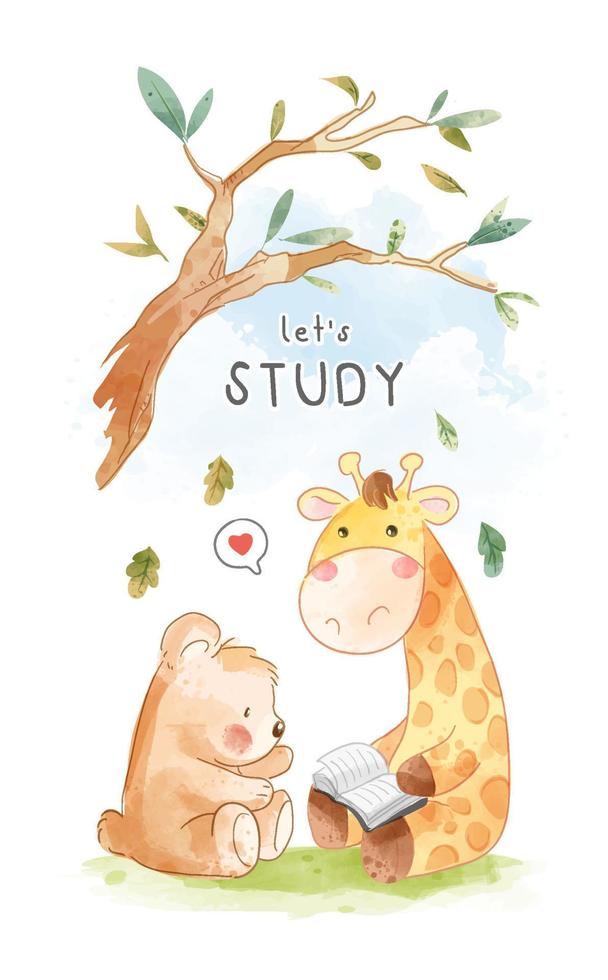 lindo oso de dibujos animados y jirafa leyendo un libro bajo la rama de un árbol vector