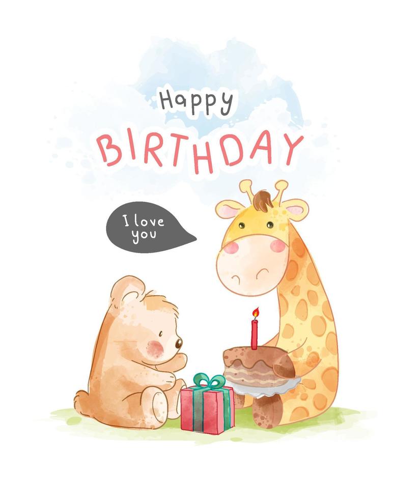 Happy birthday card with cute cartoon animals friends illustration vector
