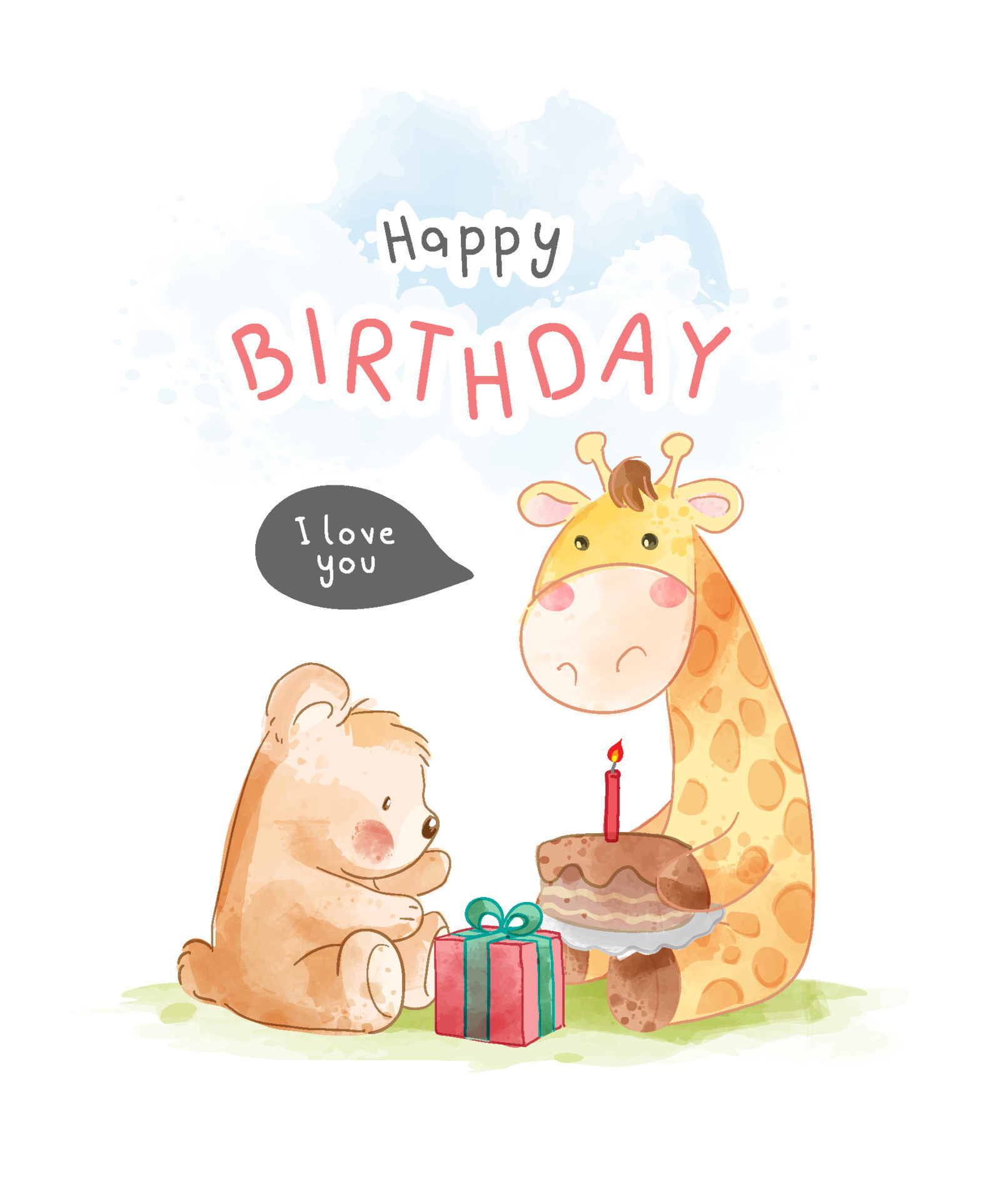 Happy birthday card with cute cartoon animals friends illustration ...