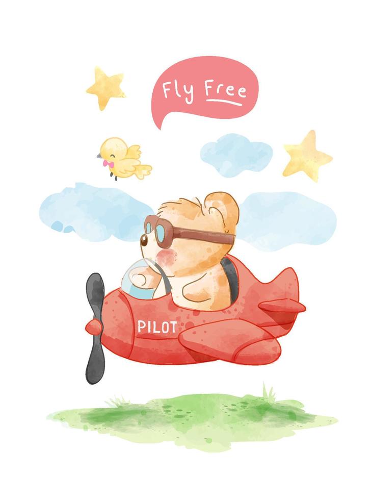 fly free slogan with cartoon bear on flying airplane illustration vector