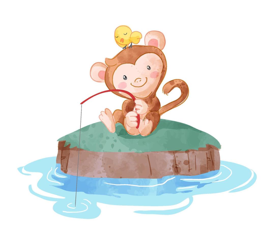 cute little monkey and little bird fishing on a small island illustration vector