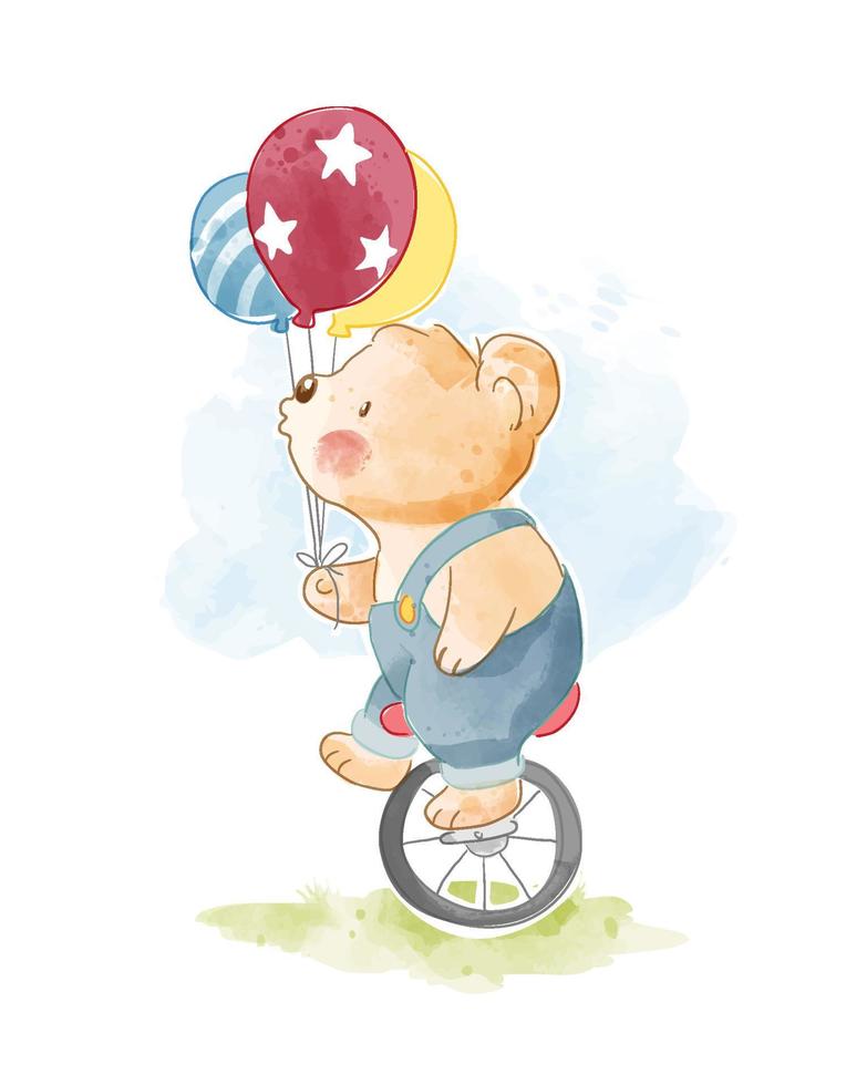 lindo oso montando monociclo y sosteniendo globo ilustración vector