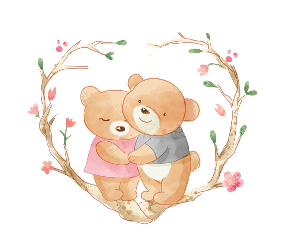 Cute cartoon bear lover hugging each other in tree branches heart shape vector