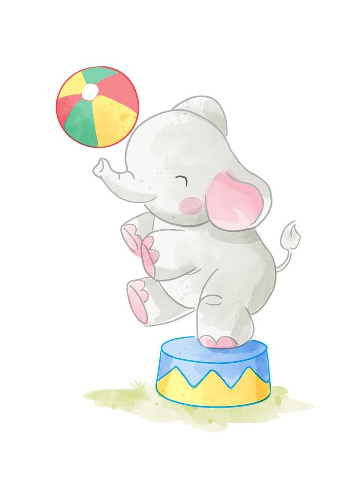 lindo elefante parado en una pierna y jugando a la pelota ilustración vector