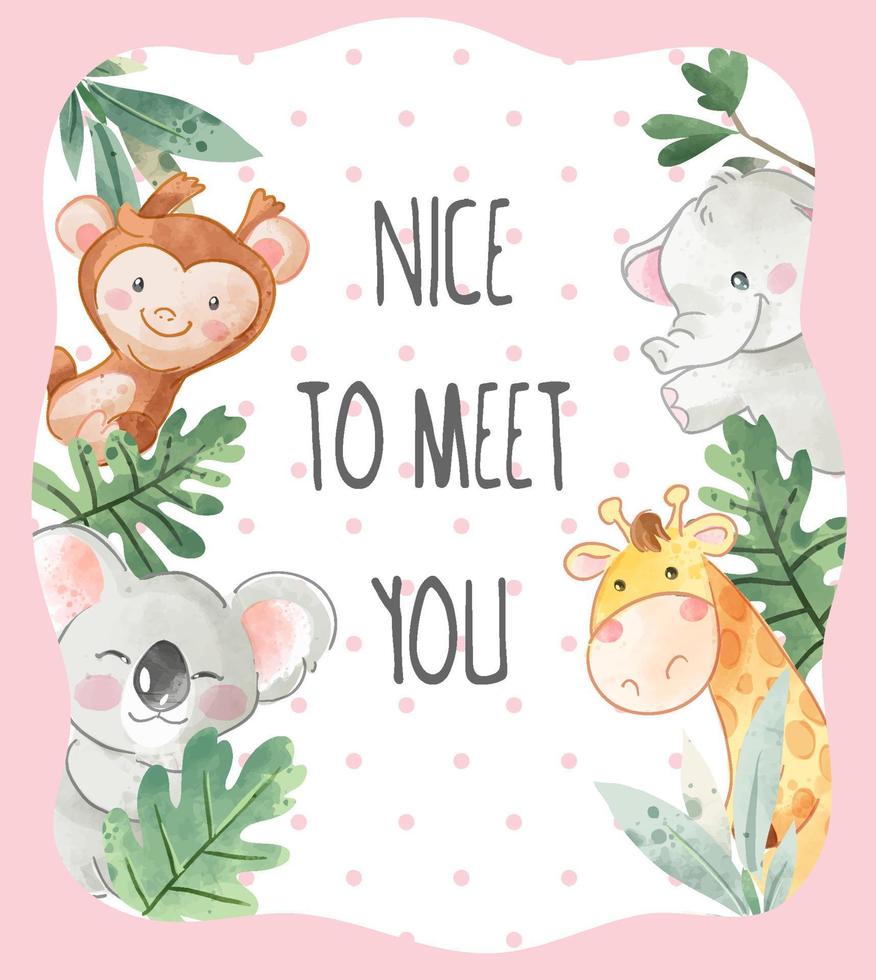 nice to meet you greeting card with cute wild animals illustration vector