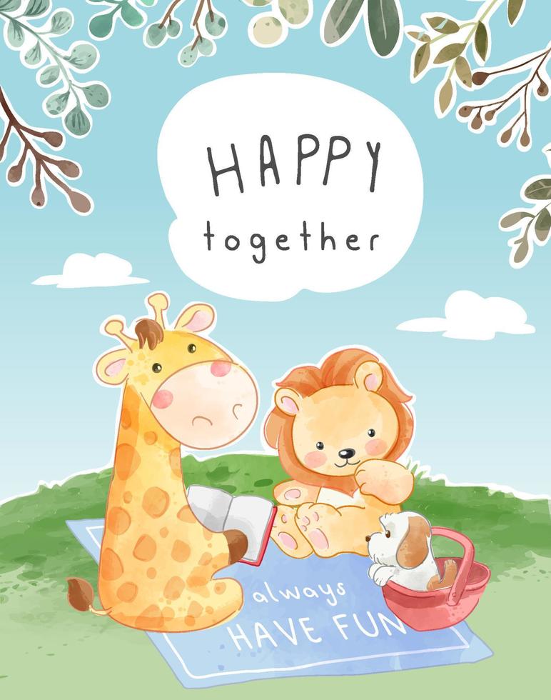 happy together slogan with cartoon animals reading story on a mat illustration vector