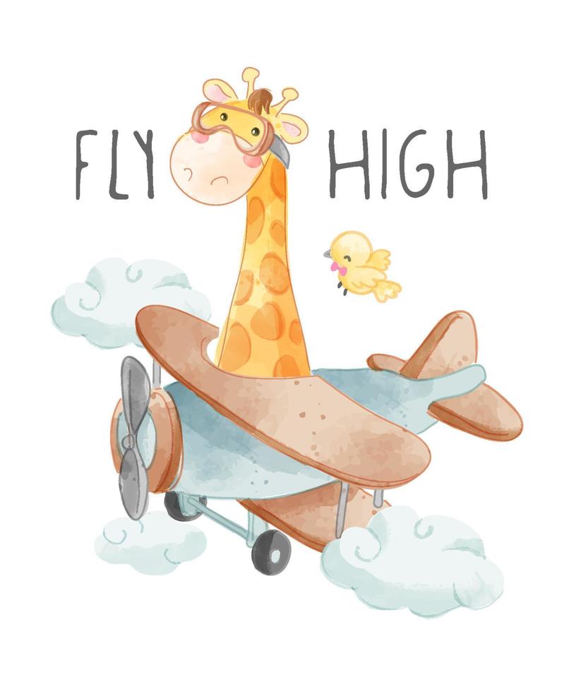 Fly high slogan with giraffe on airplane illustration vector