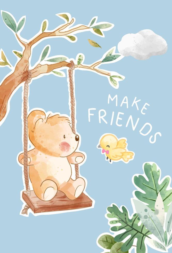 Make friends slogan with cute bear and little bird vector illustration