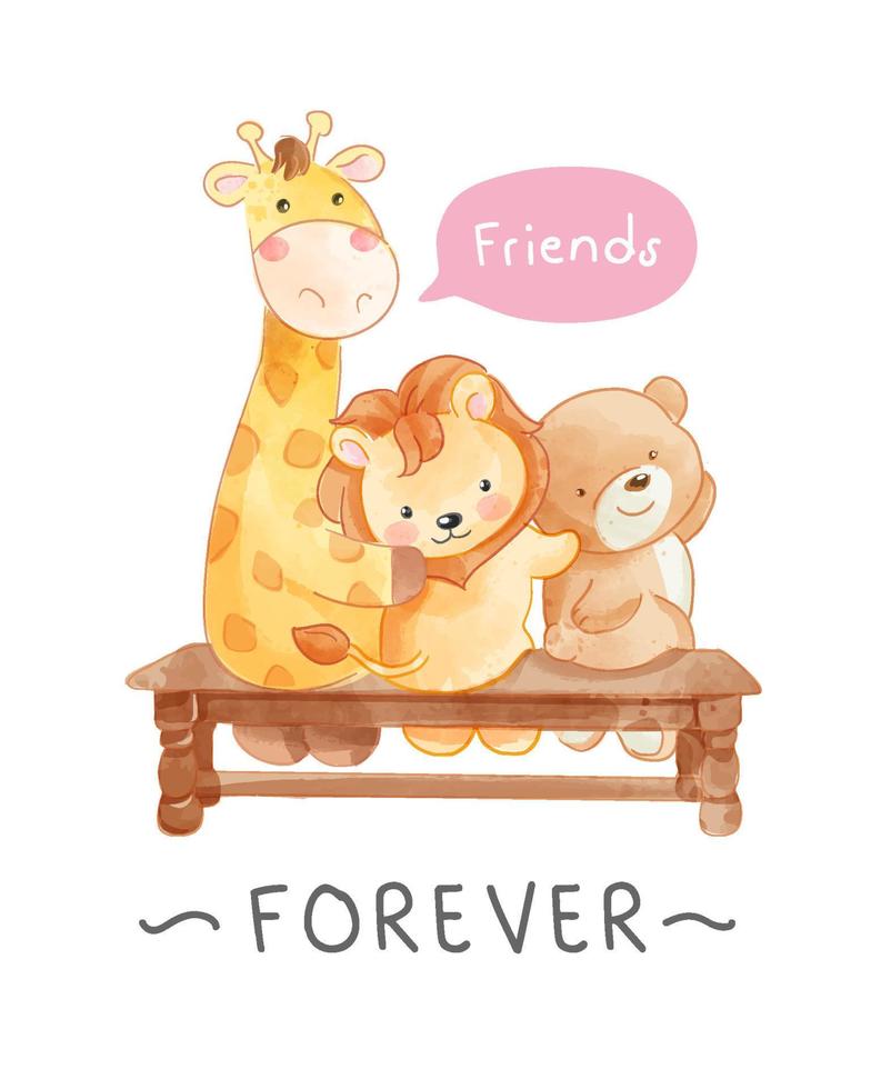 Cute cartoon animals friends sitting on a wood bench illustration vector