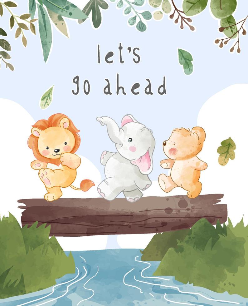 let's go ahead slogan with animals friendship walking on log crossing river illustration vector