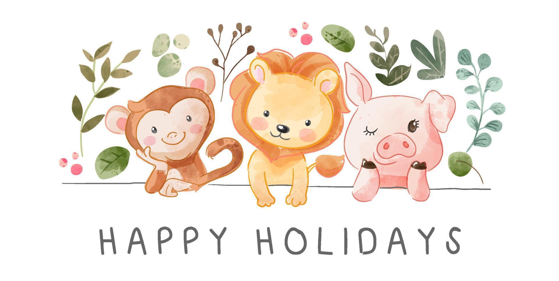 happy holidays slogan with wild animal and leafs illustration vector