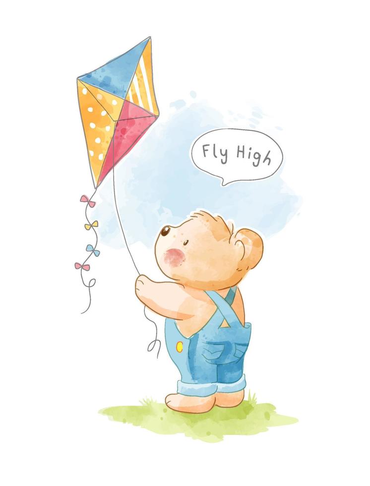 Cute cartoon bear playing kite on the field illustration vector