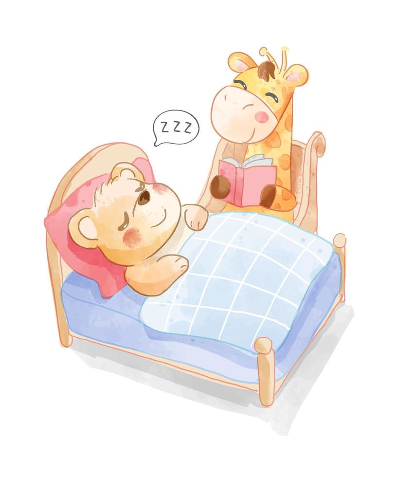 cute cartoon giraffe reading book and sleeping bear illustration vector