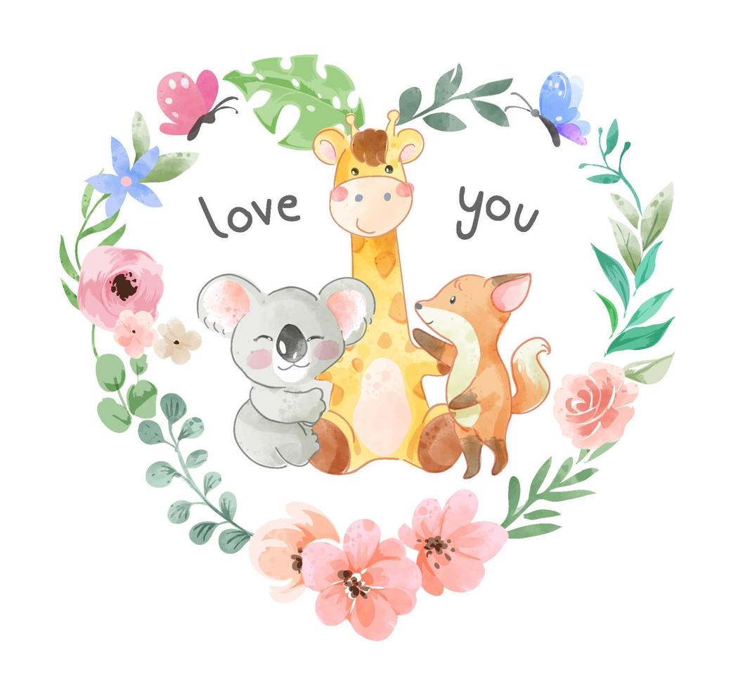 lindos amigos animales salvajes en coloridas flores corazón ilustración vector