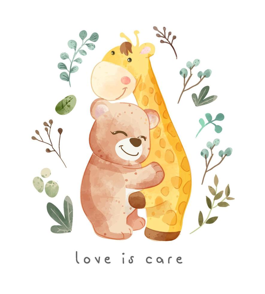 love slogan with cartoon giraffe and bear hugging illustration vector