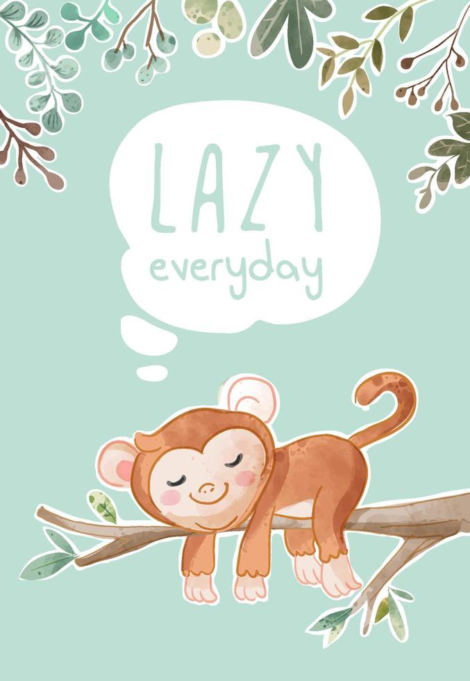lazy eveyday slogan with little monkey sleeping on tree branch illustration vector