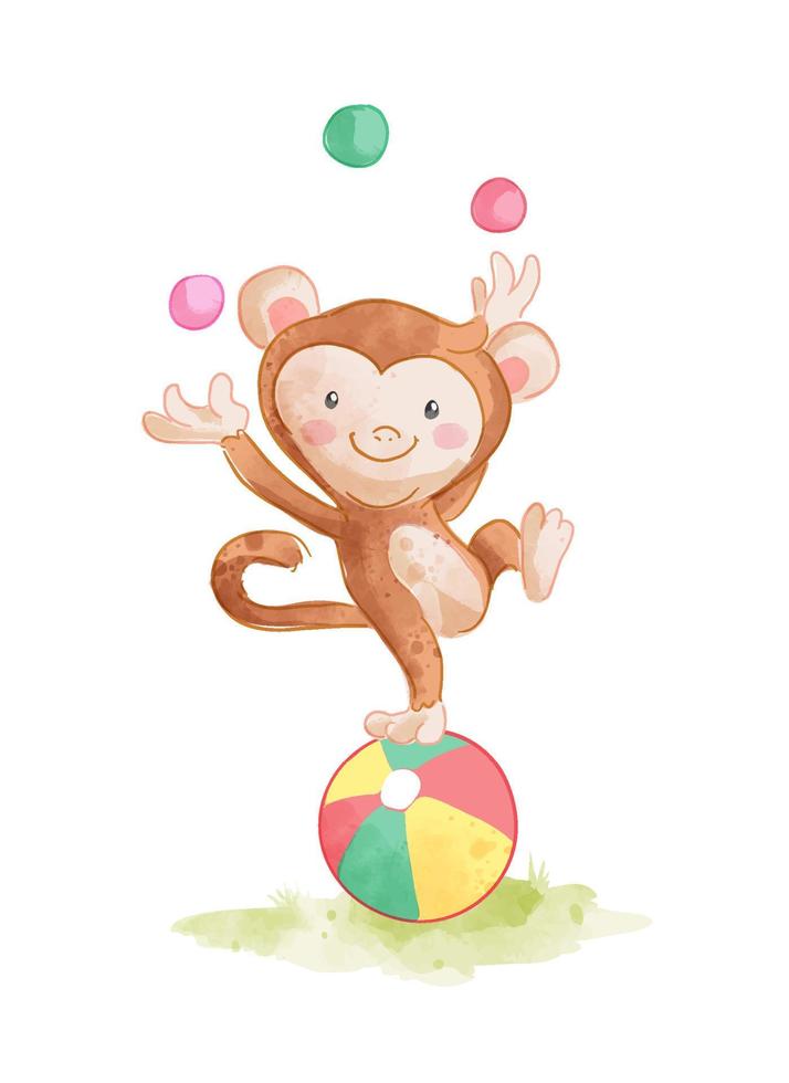 Cute cartoon monkey juggle ball on colorful ball illustration vector