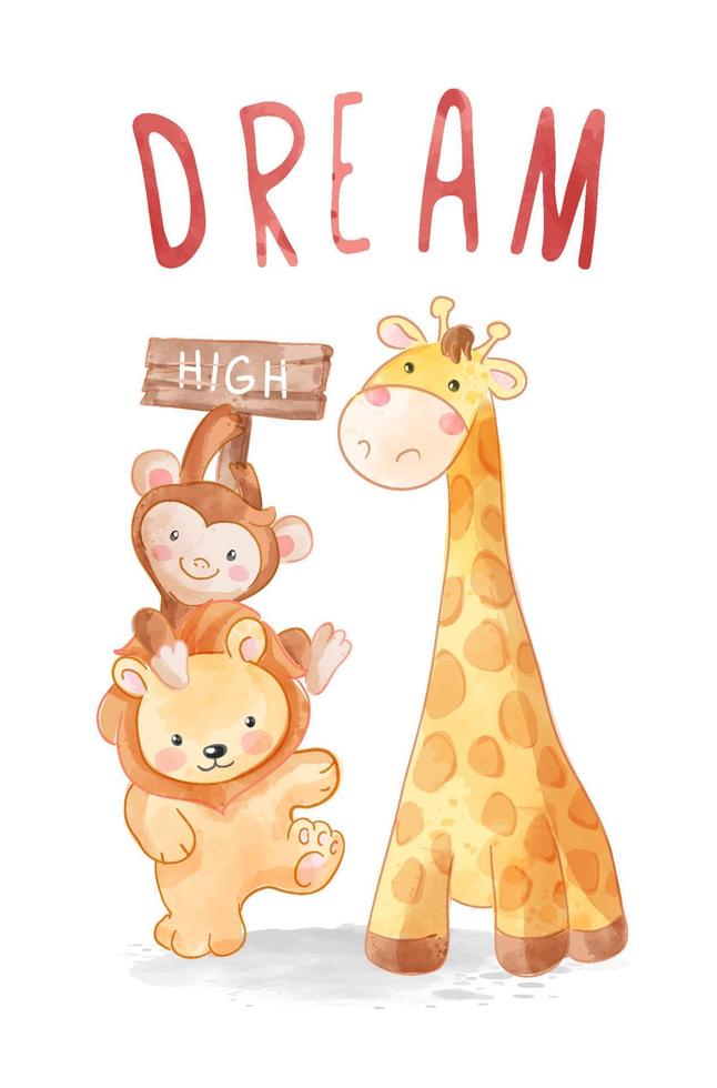 Dream high slogan with wild animals piggy back illustration vector