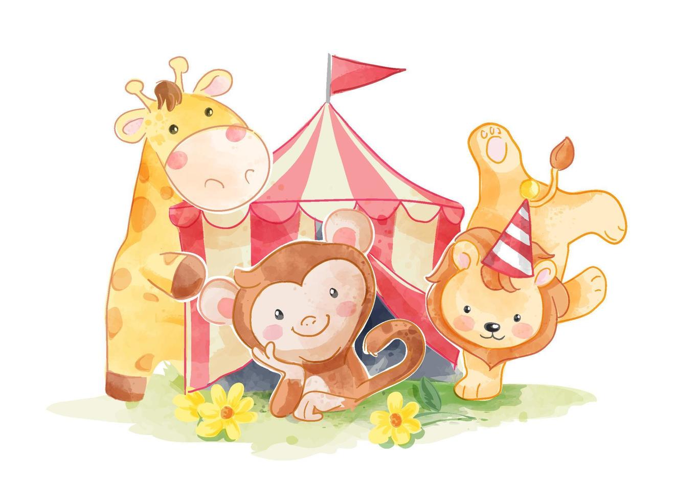 lindos amigos animales en la ilustración de la carpa de circo vector