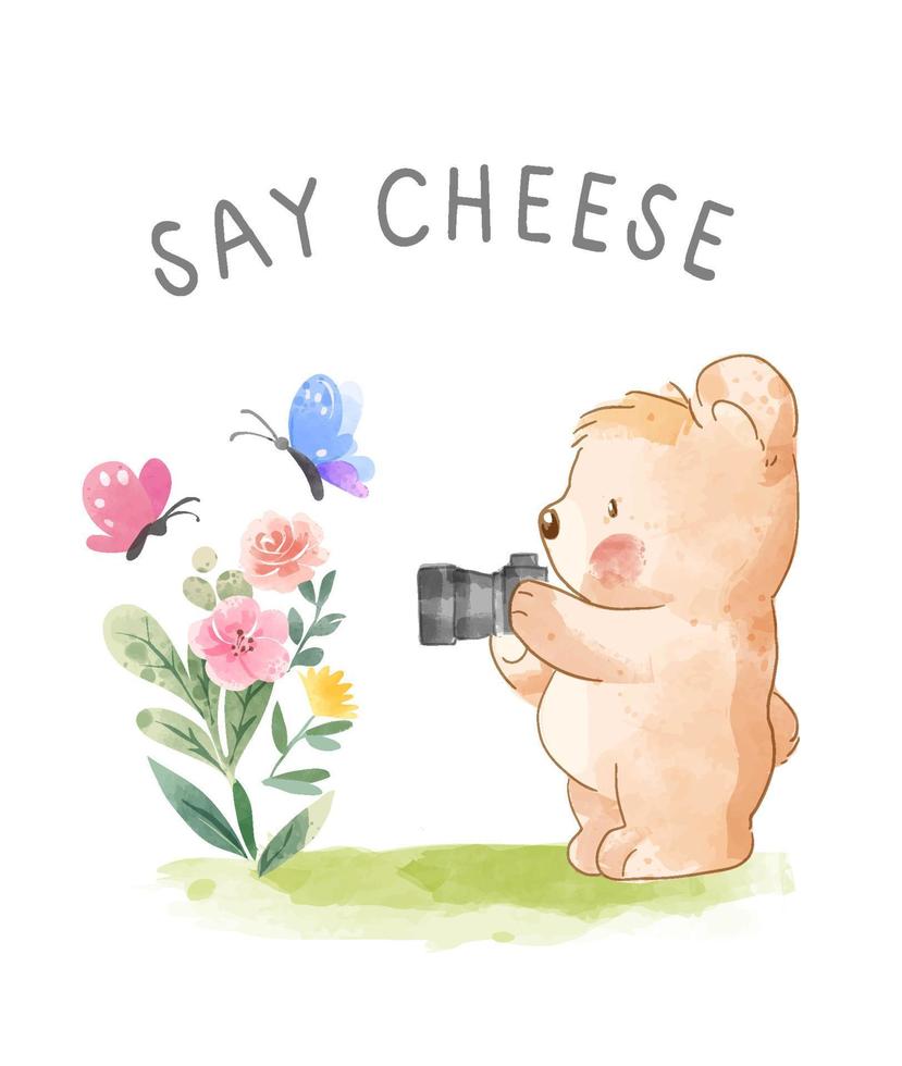 say cheese slogan with cute bear taking picture illustration vector
