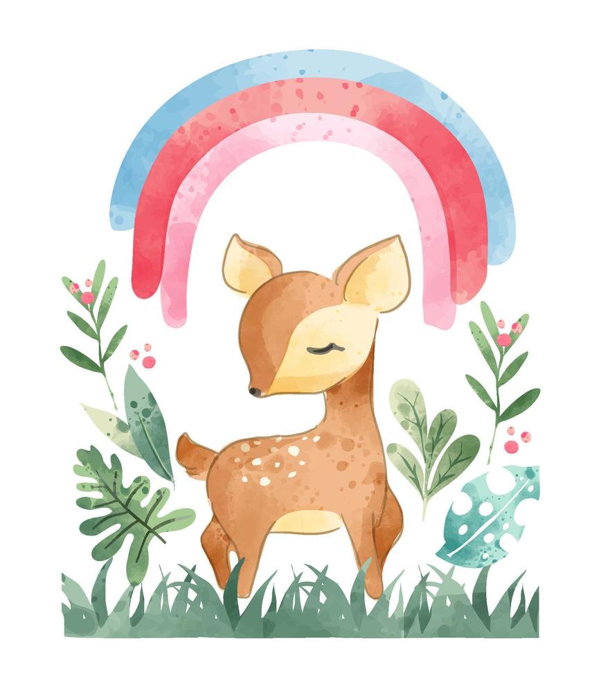 little deer and colorful rainbow cartoon illustration vector