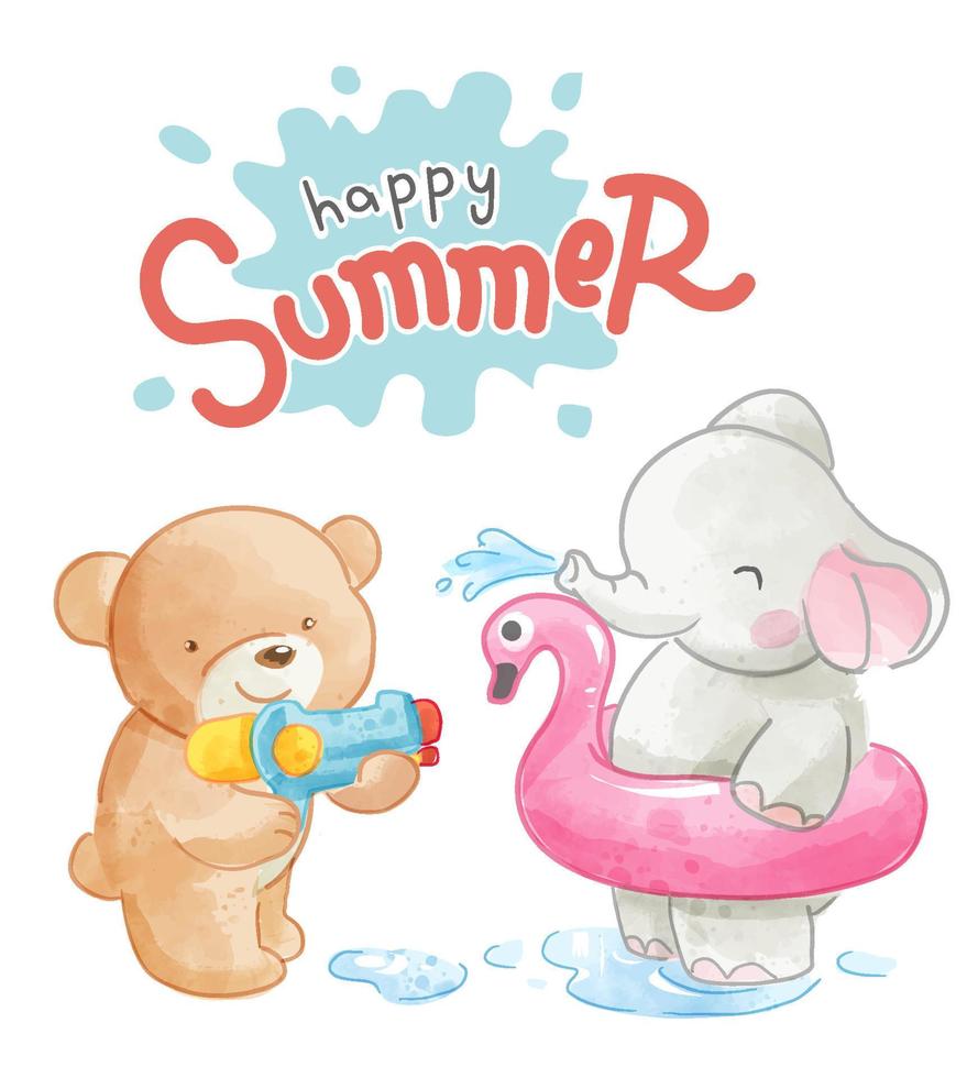 summer slogan with cartoon animals playing water fight illustration vector