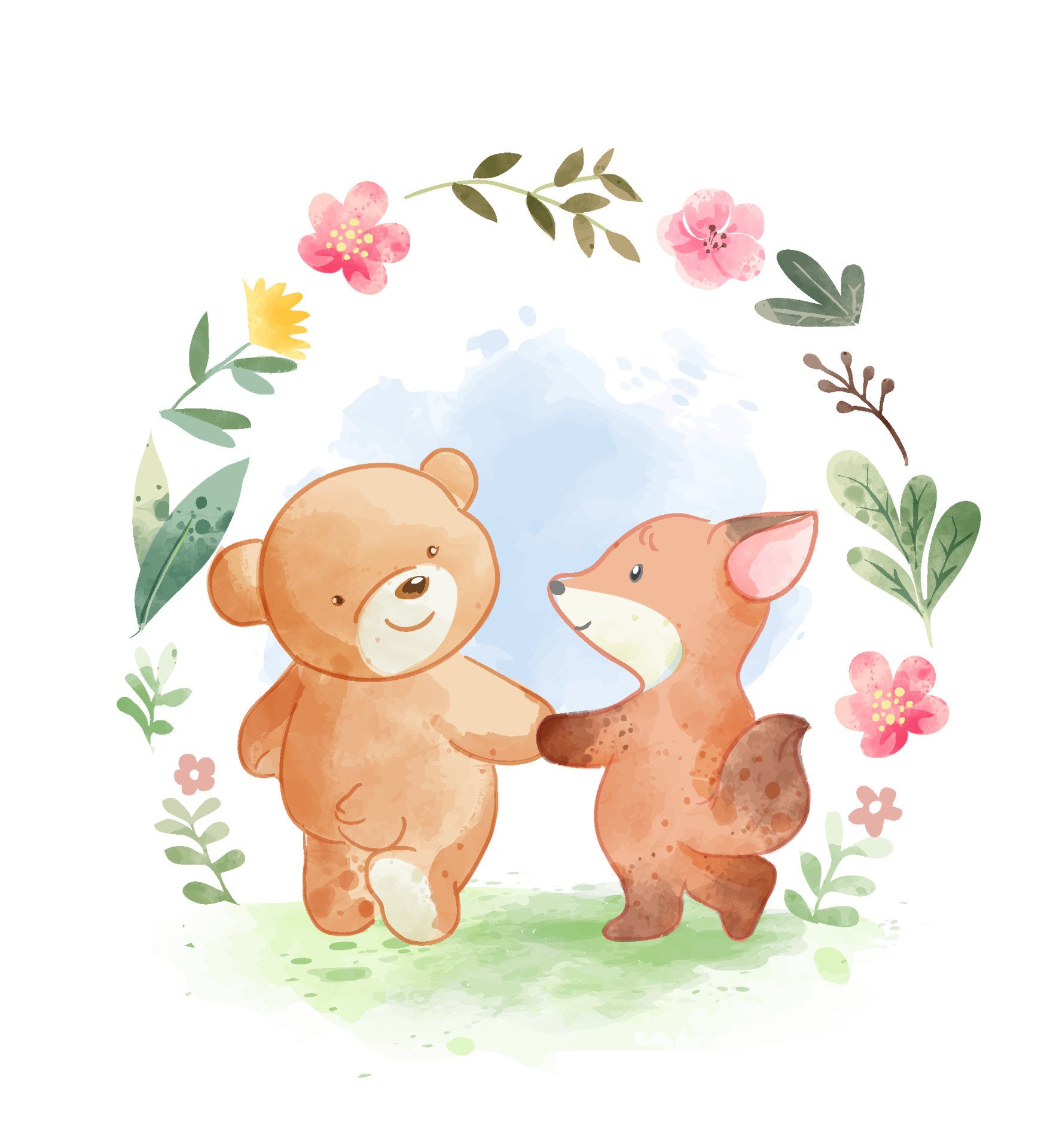 wild animals cartoon friends holding hands in flower frame illustration