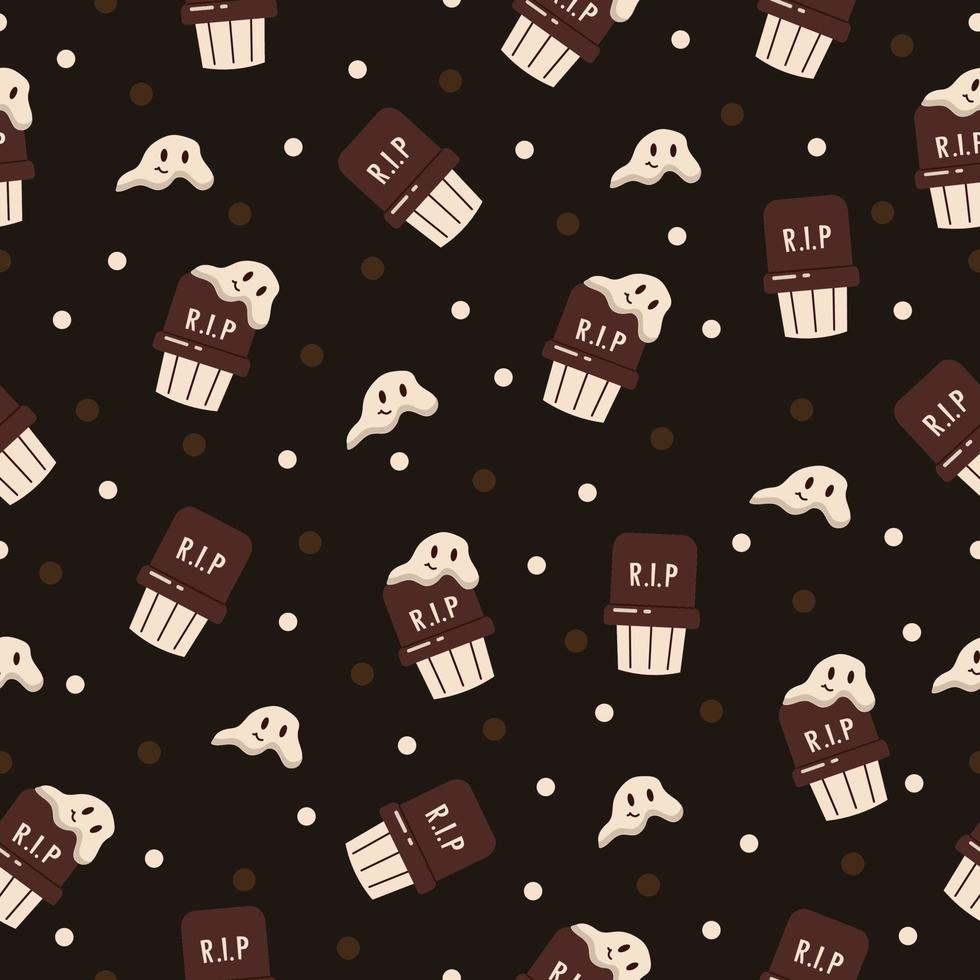 Tombstone and ghost Halloween cupcake pattern. Seamless vector