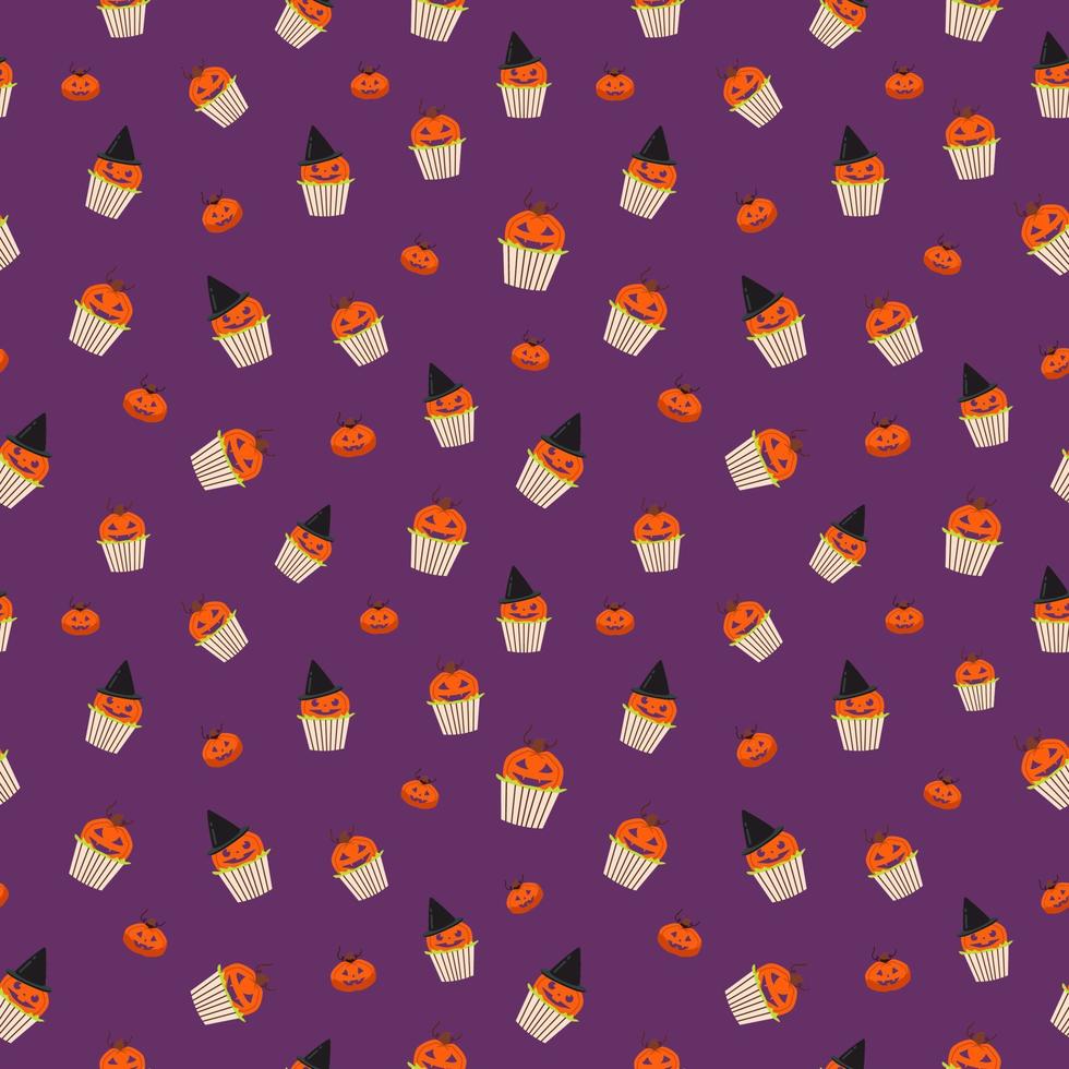 Halloween pumpkin cupcake pattern. Seamless vector