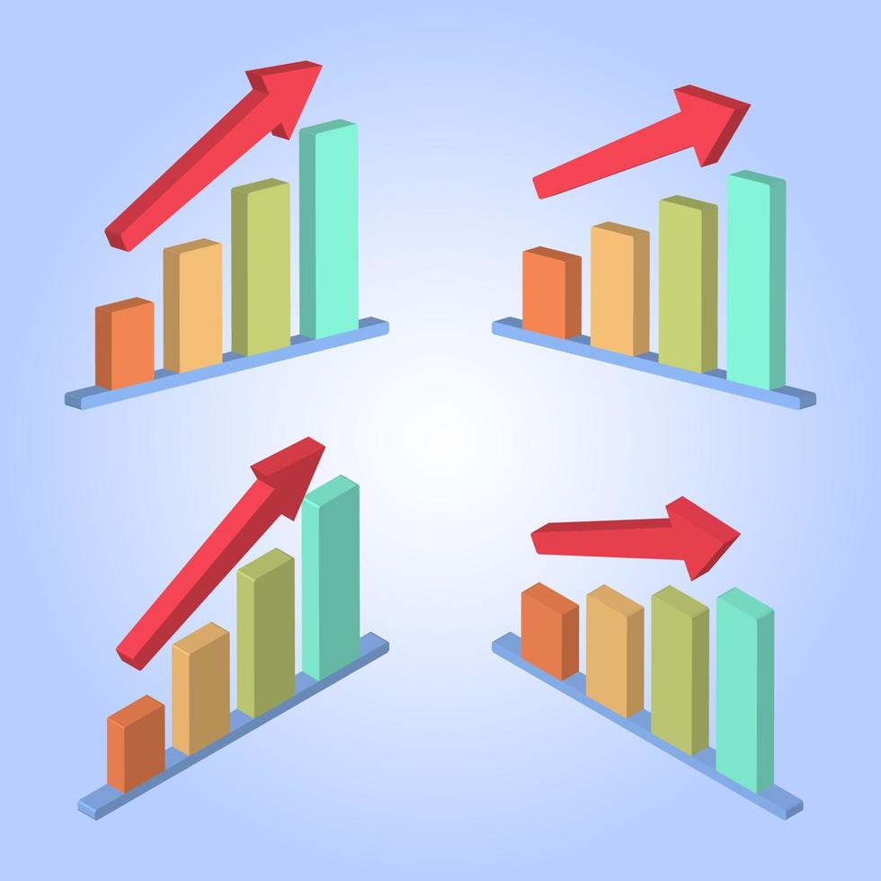 Conjunto de iconos 3d de gráfico de barras creciente con flecha ascendente vector